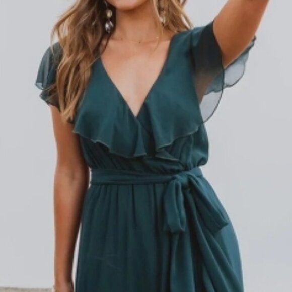 Show Me Your MuMu Jessie Ruffle Chiffon Bridesmaid Dress Emerald M 🆕⌚📦🏃💨🚚 - Picture 12 of 15